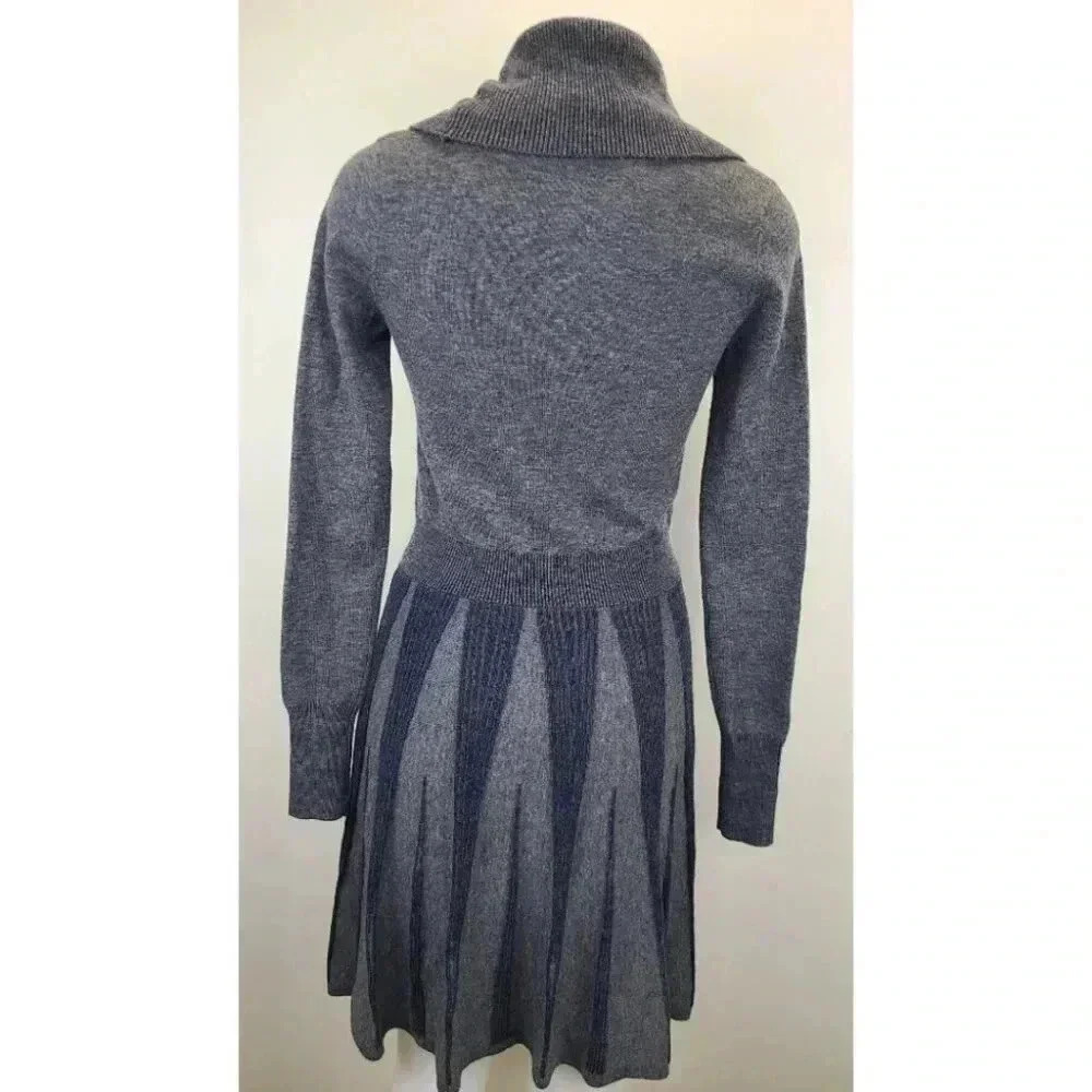 BCBGMaxAzria Steel Blue Gray Navy Fit Flare Art Deco Cowl Neck Sweater Dress XS - Picture 8 of 14